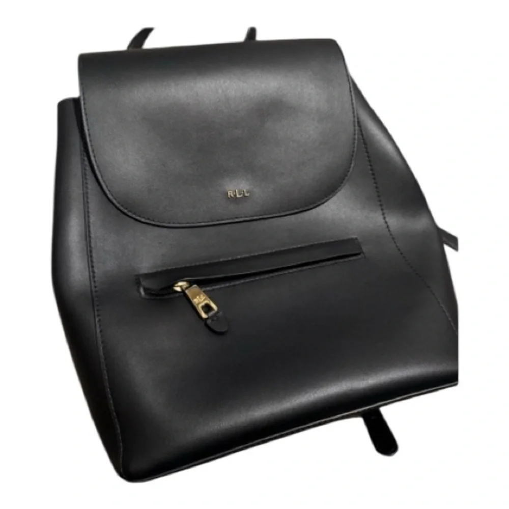 Lauren Ralph Lauren Dryden Black Leather Flap Backpack RLL Gold Logo Black NWOT